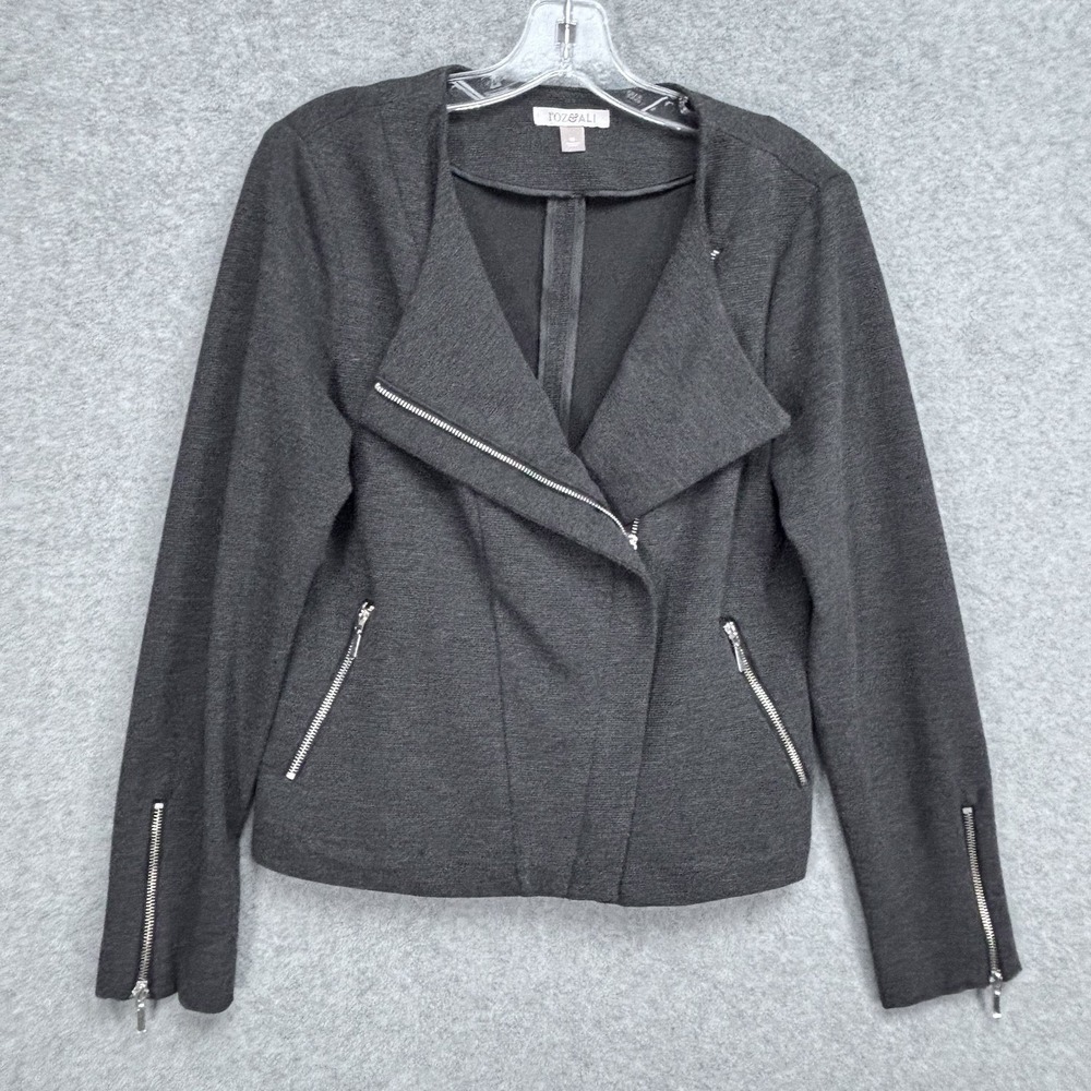 Roz Ali Moto Knit Jacket Size Medium Gray Zip Front Y2K Edgy Chic Grunge